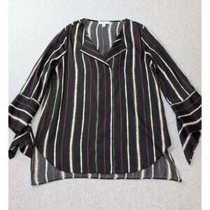 H by Halston Blouse Womens XS Black Red Striped Bell Sleeve Whimsygoth Artsy
